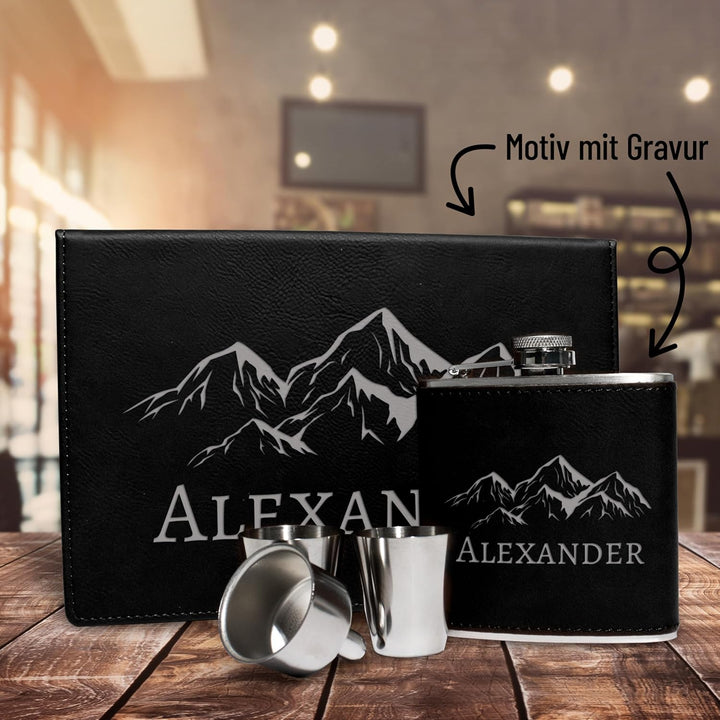 Flachmann Set personalisiert mit Gravur - Berge-Design mit deinem Namen - Edelstahl mit Kunstleder –