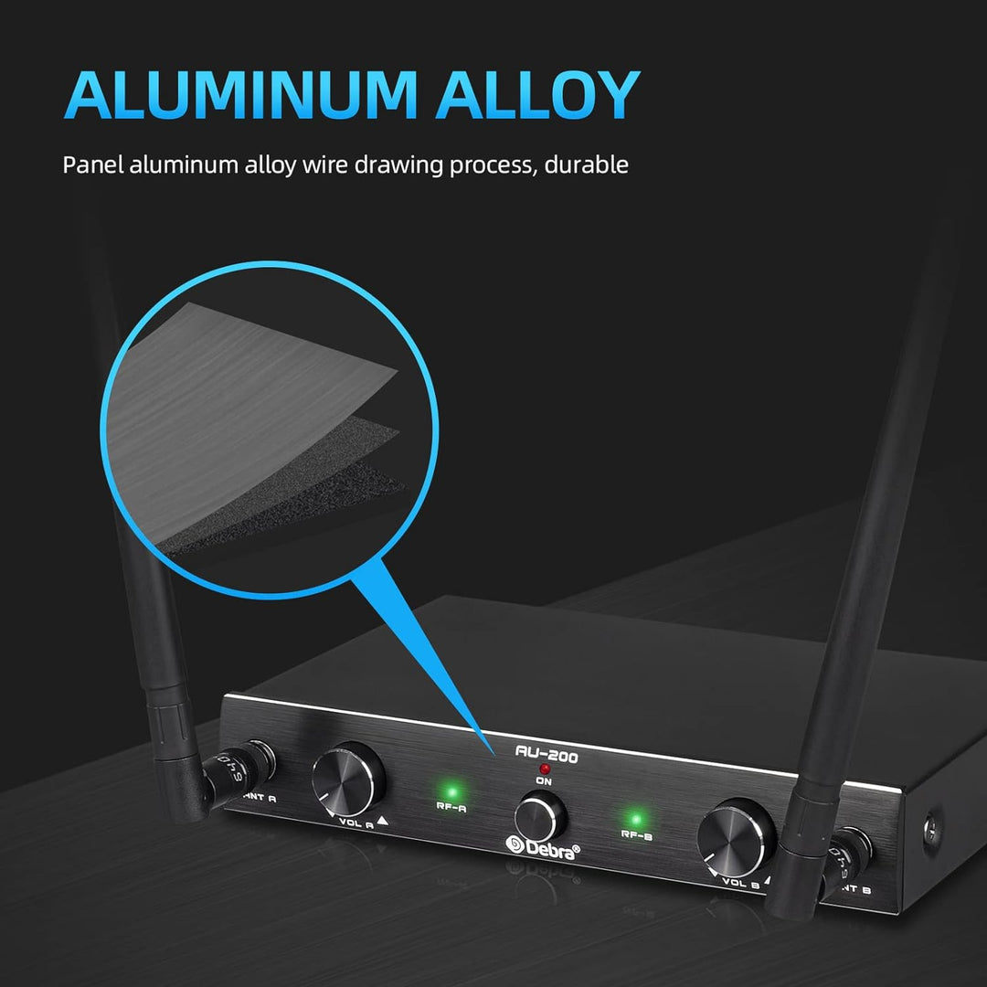 D Debra Audio AU200 Pro UHF 2-Kanal-Drahtlos-Mikrofonsystem mit schnurlosen Lavalier-Headset-Mikrofo