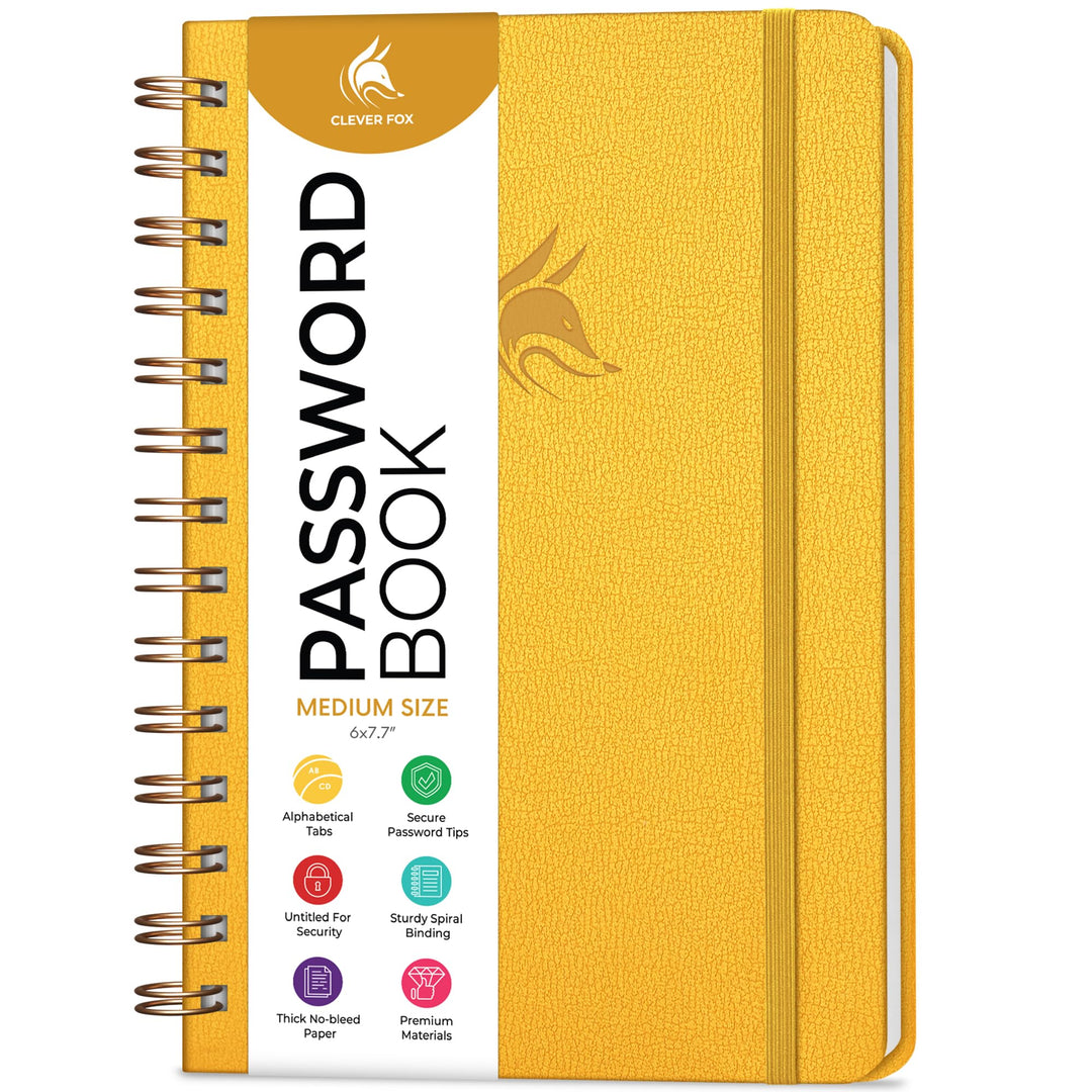 Clever Fox Passwort Spiralbuch (Mittelformat (15.5 x 19.6cm), Bernsteingelb) Medium (15.5 x 19.6cm)