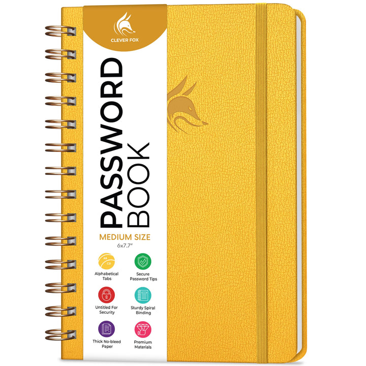 Clever Fox Passwort Spiralbuch (Mittelformat (15.5 x 19.6cm), Bernsteingelb) Medium (15.5 x 19.6cm)
