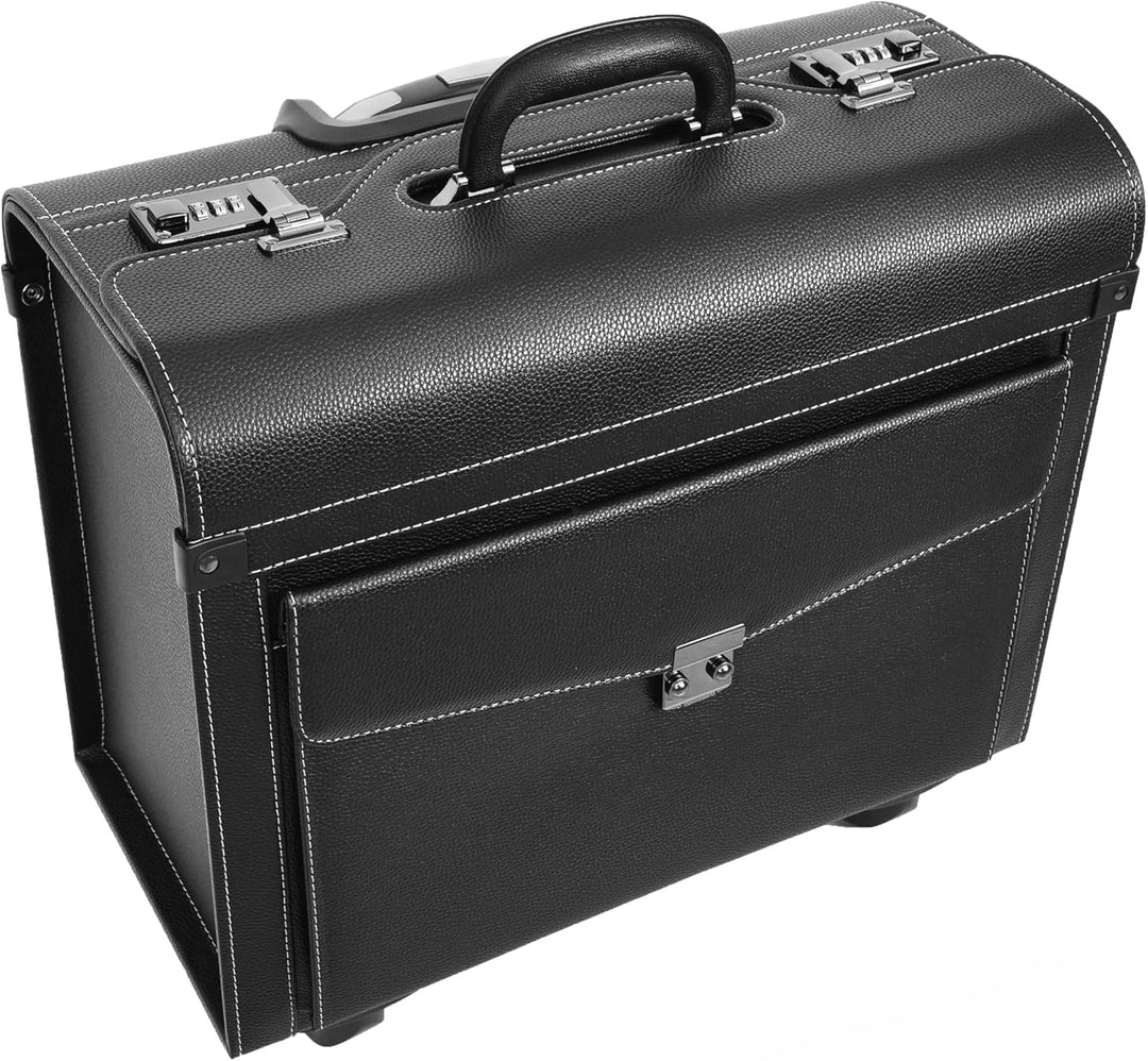 Pilotenkoffer mit vier Rädern, Kunstleder, leicht, Kabinentasche, Commander, Schwarz , Carry-on, Pil