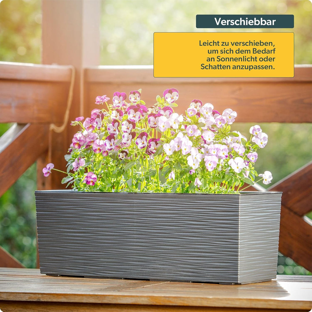 KADAX Blumenkasten 18,5x56 cm, Ritzmuster, Grafit, mit Einsatz – wetterfester rechteckiger Pflanzkas