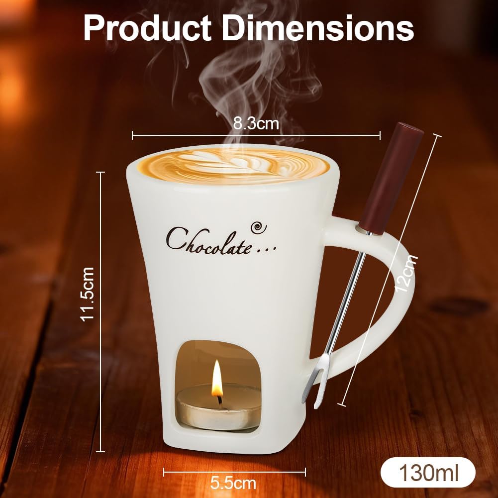 Vicloon Schokofondue Tasse, 130ml Keramik Schokoladenfondue Set mit Gabeln, Schokoladen Fondue Beche
