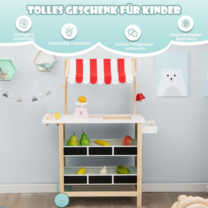 COSTWAY Kinder Eiswagen mit 6 Eiscreme, Kaufladen Holz mit 2 Ablagen, Einkaufswagen auf Rollen, inkl