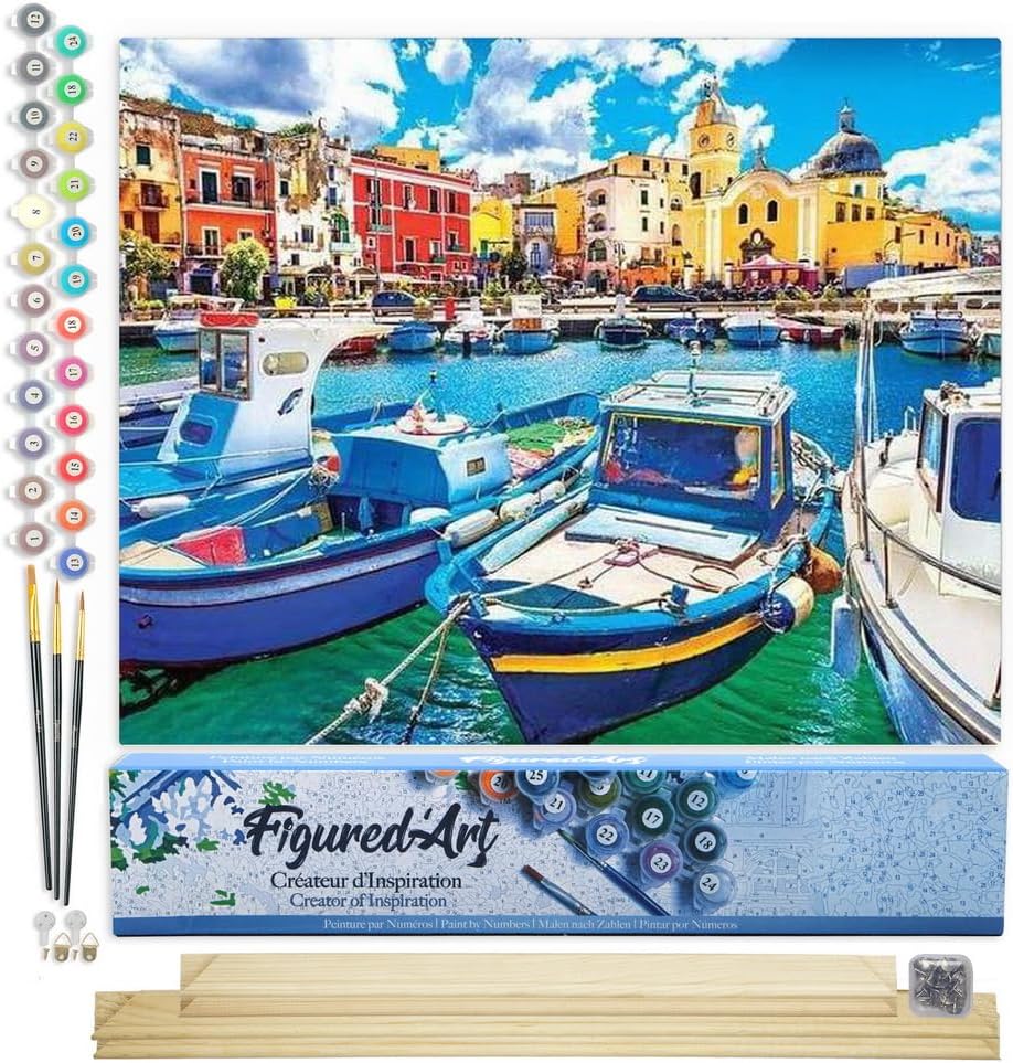 Figured'Art Malen Nach Zahlen Erwachsene Mit Rahmen Kleine Fischerboote im Hafen - Paint by Numbers