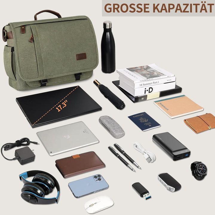 ESTARER Laptoptasche 17 Zoll Umhängetasche Canvas für Arbeit Uni, Armeegrün Grün 17.3 Zoll (Schnalle
