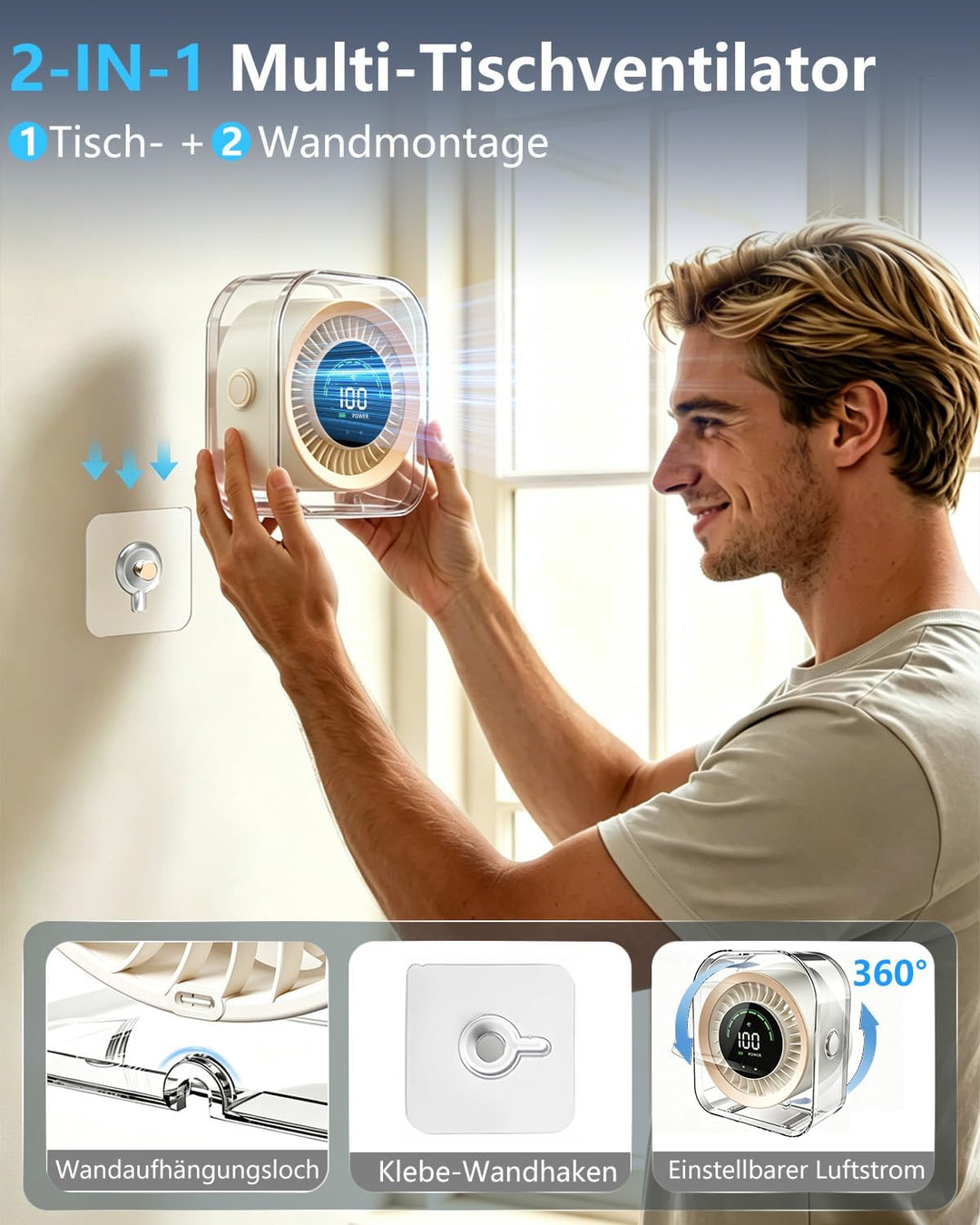 Mini Tischventilator Sehr Leise(20 dB),4000mAh Akku (15 Stunden) USB-C, LED-Anzeige, 2-in-1-Halterun