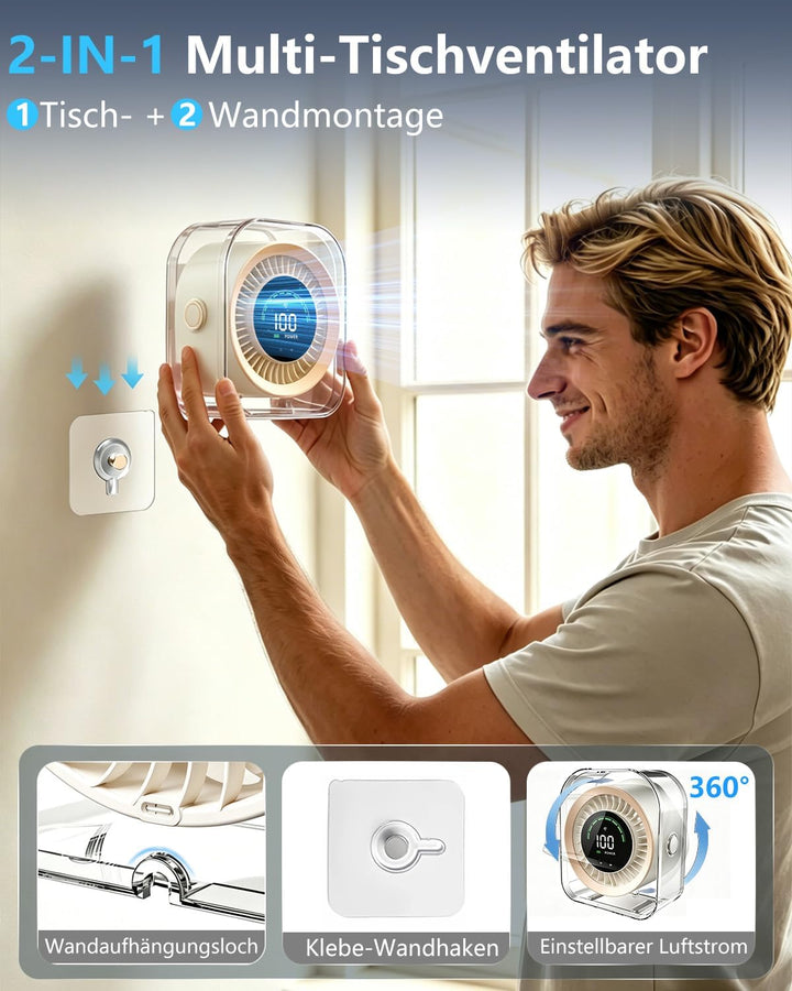 Mini Tischventilator Sehr Leise(20 dB),4000mAh Akku (15 Stunden) USB-C, LED-Anzeige, 2-in-1-Halterun
