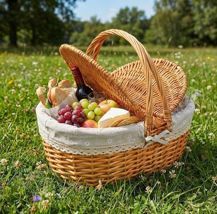 Weide Picknickkorb mit Deckel, Einkaufskorb Geflochten mit Henkel und & Liner, Pilzkorb, Weidenkorb