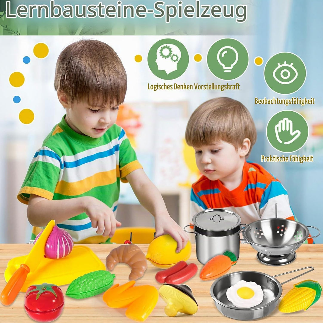 FAMKEEP 30Pcs Küchenspielzeug Zubehör Kinderküche Kochgeschirr Pfannenset Schürze und Kochmütze für