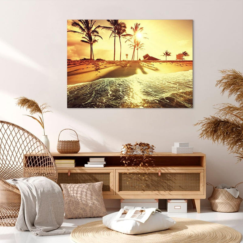 Bilder auf Leinwand 100x70cm Leinwandbild mit Rahmen Strand Meer Palme Gross Wanddeko Bild Schlafzim