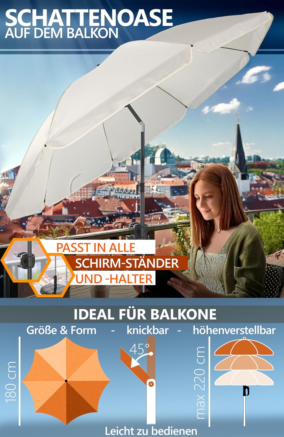 4smile Sonnenschirm Balkon SunnyJoy, 3-in-1 SET, Beige - UPF 50+ Sonnenschirm Ø 180 cm + Sonnenschir