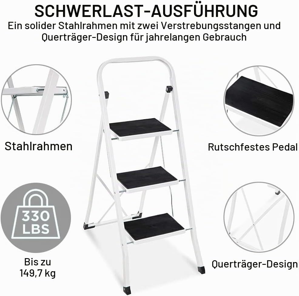Trittleiter, 3 Stufen, Klappbare Haushaltsleiter, Alu Leiter, bis 150 kg, Sicherheitsleiter mit Anti