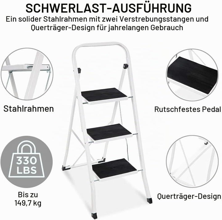 Trittleiter, 3 Stufen, Klappbare Haushaltsleiter, Alu Leiter, bis 150 kg, Sicherheitsleiter mit Anti