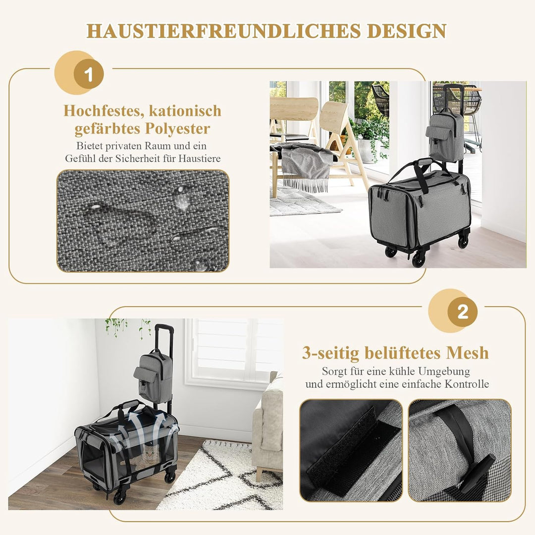 GYMAX Katzen Transportbox, Hunde Tragetasche mit Katzenrucksack & Teleskopgriff, Transporttasche mit