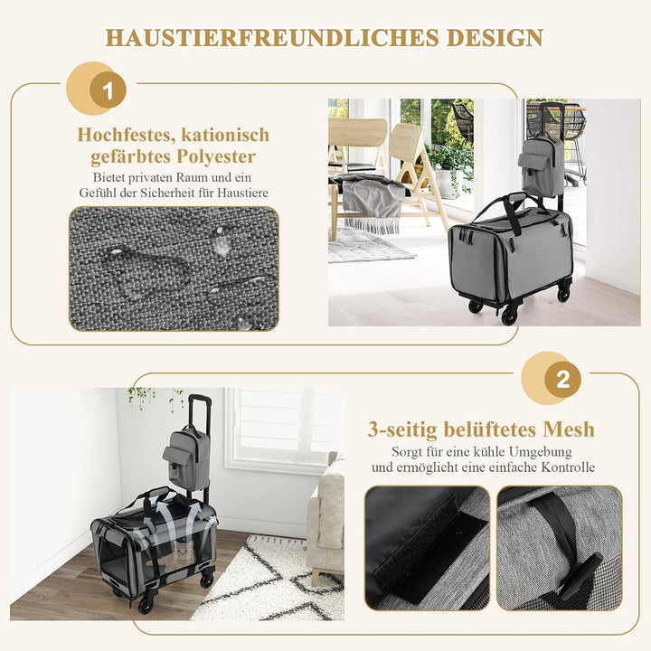GYMAX Katzen Transportbox, Hunde Tragetasche mit Katzenrucksack & Teleskopgriff, Transporttasche mit