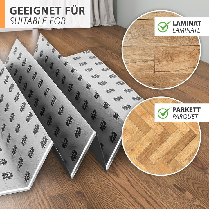 48m² Trittschalldämmung 3mm mit AquaStop, Verlegeunterlage für Parkett &amp; Laminat, Heizfilm-Unterlage