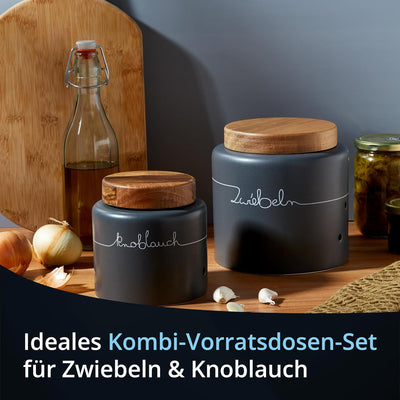 KHG Zwiebel Knoblauch Aufbewahrung, Keramik Steingut poliert, Anthrazit Grau Holz Deckel Bambus, mit