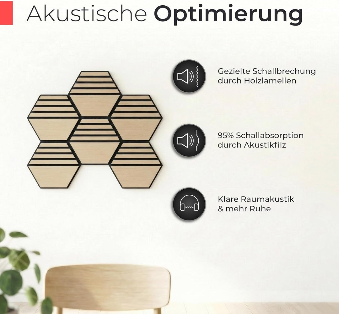 Akustikpaneele Holz selbstklebend – 9er-Set | Echtholz Eiche & Akustikfilz Schwarz | Hexagon 30x26cm