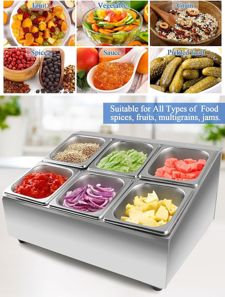 TOROKOM 6 Pfannen Edelstahl Zutatenbehälter Gewürz Organizer aus Edelstahl Salatbar Buffet Station m