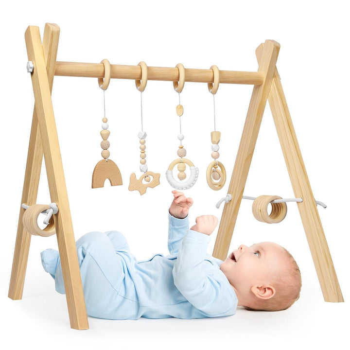 Vicloon Spielbogen Baby Holz, Spieltrapez Baby Spielsachen mit Activity Holz-Spielzeug, Spielbogen T