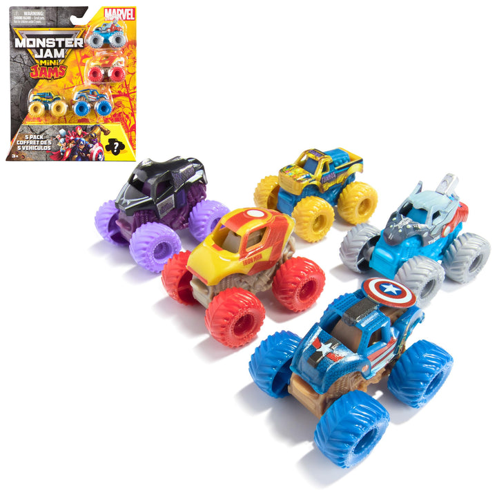 Monster Jam, Marvel Offizieller Mini-5er-Pack mit Mystery-Sammel-Monster-Truck, Massstab 1:87, Überr