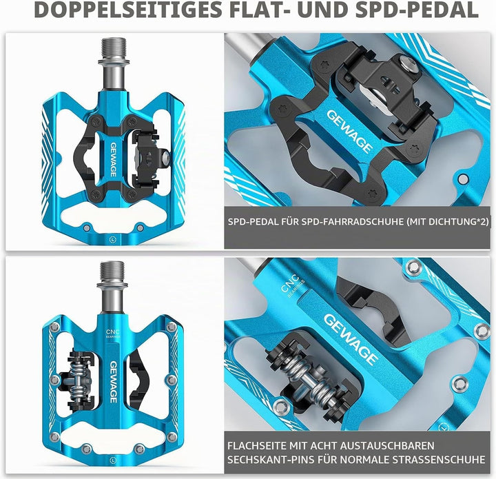 GEWAGE Klickpedale, 2 in 1 Doppelfunktions Flach und Klickpedale mit Reflektor Für SPD, 9/16 Zoll Cr