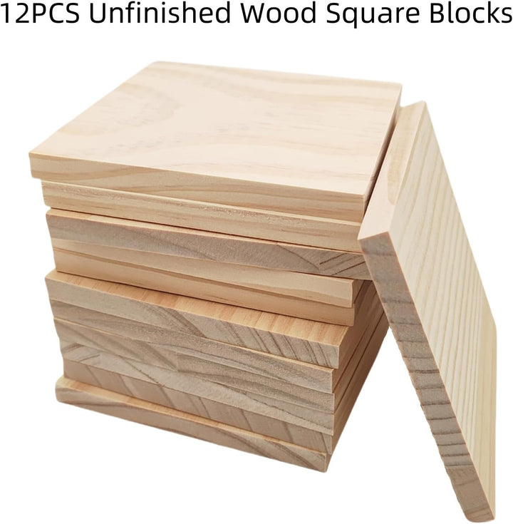 12 Stück Unlackierte quadratische Holzblöcke zum Basteln, 12 x 12 x 1 cm blanko Holzquadrate aus Kie