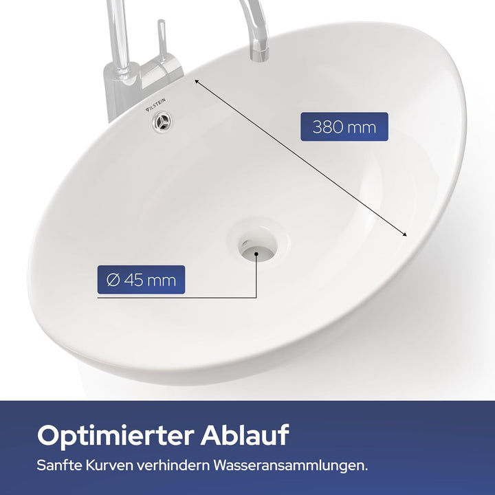 VILSTEIN Keramik Waschbecken, 60cm, Oval, Weiss, Mit Überlauf, Aufsatz-Waschschale für