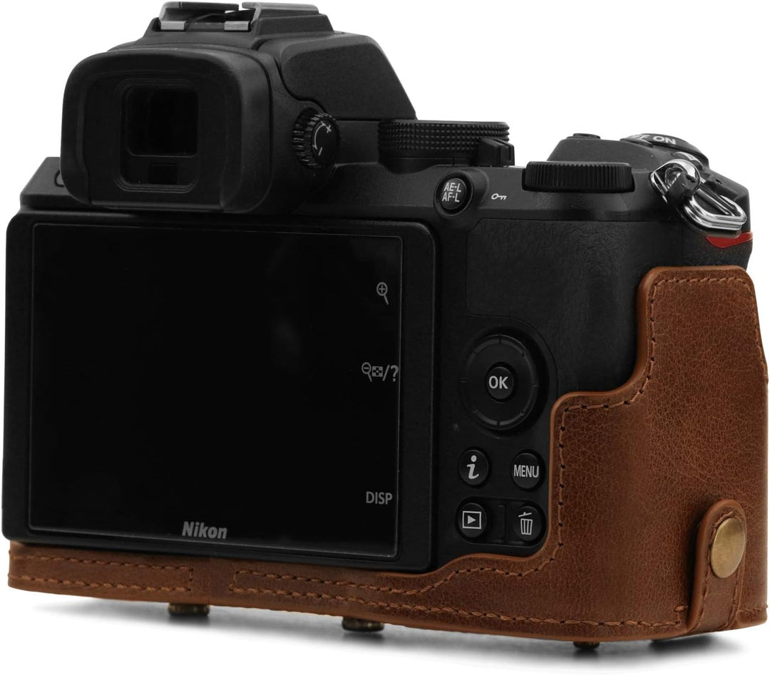 MegaGear Kameratasche aus echtem Leder, kompatibel mit Nikon Z50 (16–50 mm), Braun