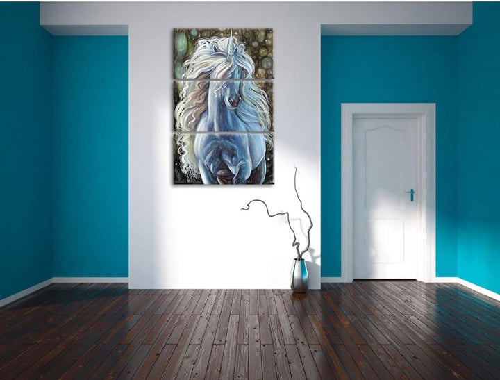 Pixxprint Trabendes weisses Einhorn als Leinwandbild/Grösse: 3 Teilig (120x80 cm) cm/Wandbild/Kunstd