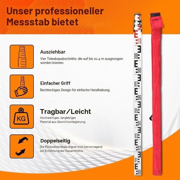 GEOLENI Nivellier Messlatte, Aluminium Nivellierlatte, Teleskop Nivellierlatte, 4m Länge in 5 Segmen