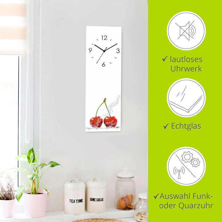 ARTLAND Wanduhr ohne Tickgeräusche Glas Quarzuhr 20x60 cm Rechteckig Lautlos Obst Früchte Kirsche im