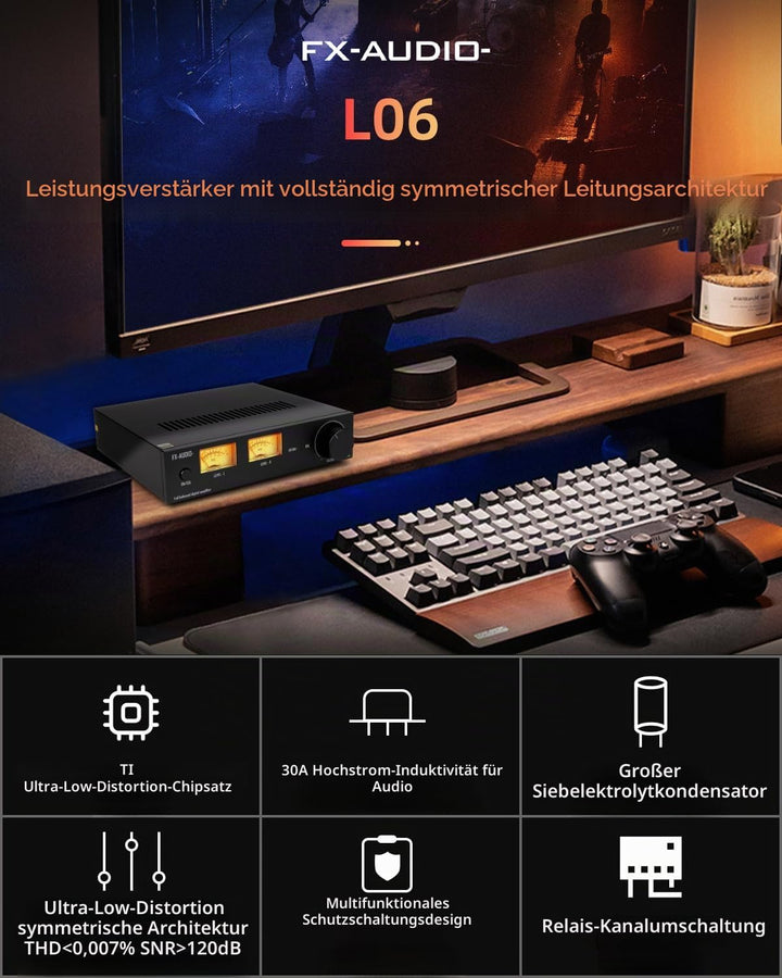FX-Audio- L06 Vollständig symmetrischer Leistungsverstärker mit VU-Meter – 500 W + 500 W Dual-TPA325