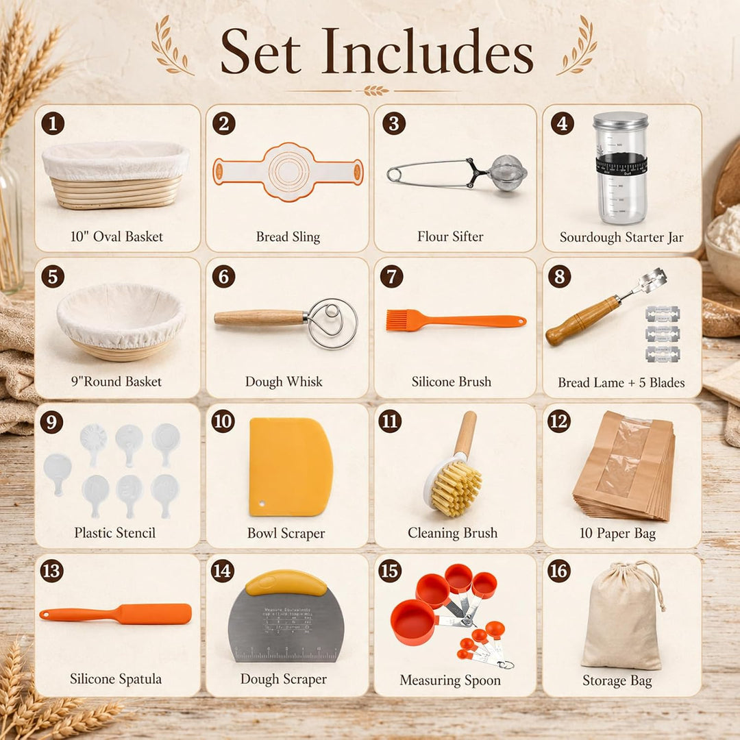 Sauerteig Starter Set 16-teilig, Gärkörbchen Set 10 Zoll Oval &amp; 9 Zoll Rund, Brotbackset mit Starter