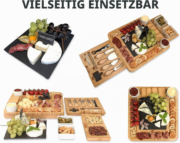 Bambus Käsebrett und Messer-Set Keramik-Schalen Weinöffner – 100% Bio-Holz Serviertablett Charcuteri