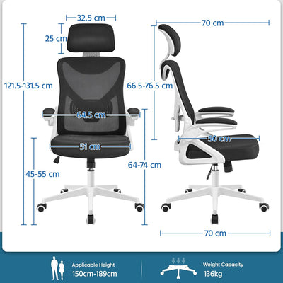 Yaheetech Bürostuhl Ergonomisch, Schreibtischstuhl mit Hochklappbaren Armlehnen, Drehstuhl mit Rücke