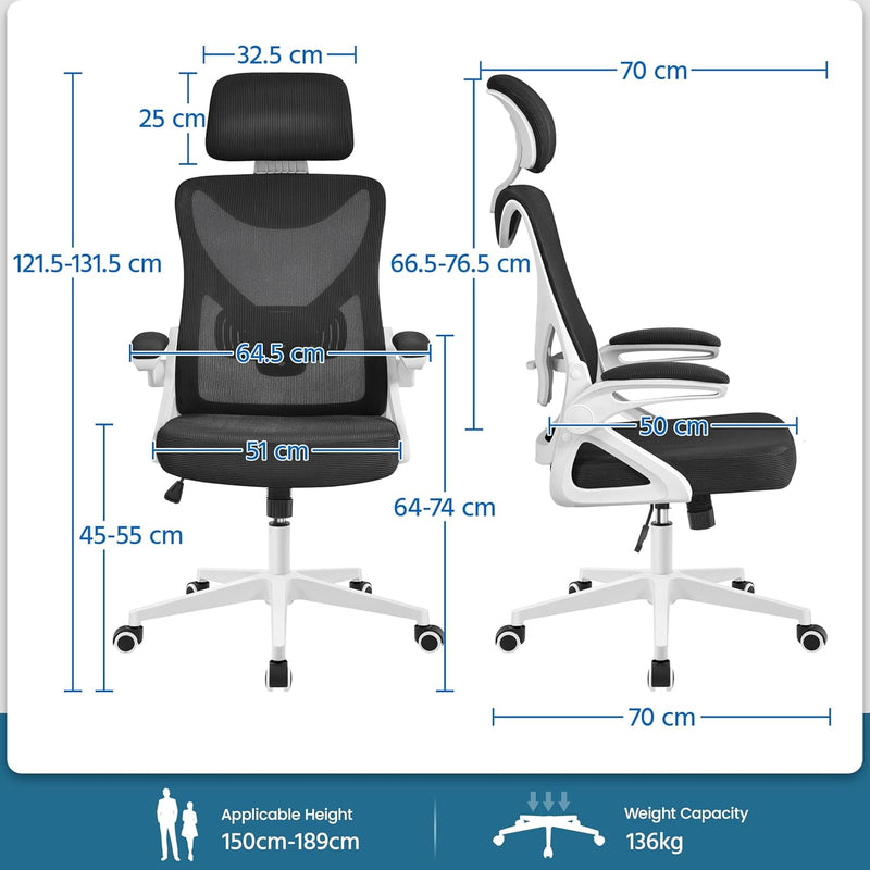 Yaheetech Bürostuhl Ergonomisch, Schreibtischstuhl mit Hochklappbaren Armlehnen, Drehstuhl mit Rücke