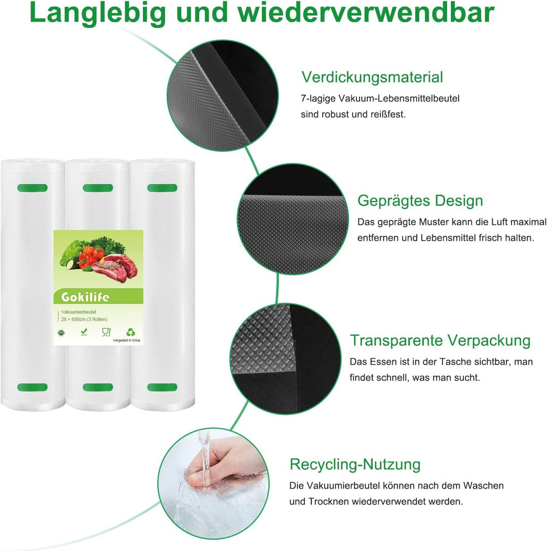 Gokilife Vakuumierbeutel - 3 Rollen 28x600cm Reissfest ca. 450µm, Vakuumierfolie für alle Vakuumiere