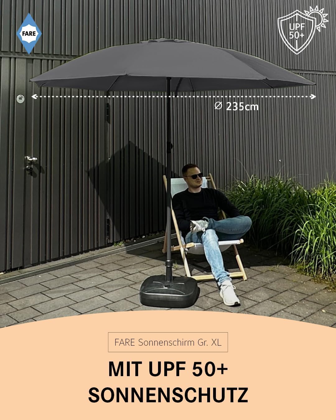 FARE Sonnenschirm Gr. XL - 235 cm Durchmesser - UV-Schutz 50+ für Balkon Garten Terrasse Sommer - Ti