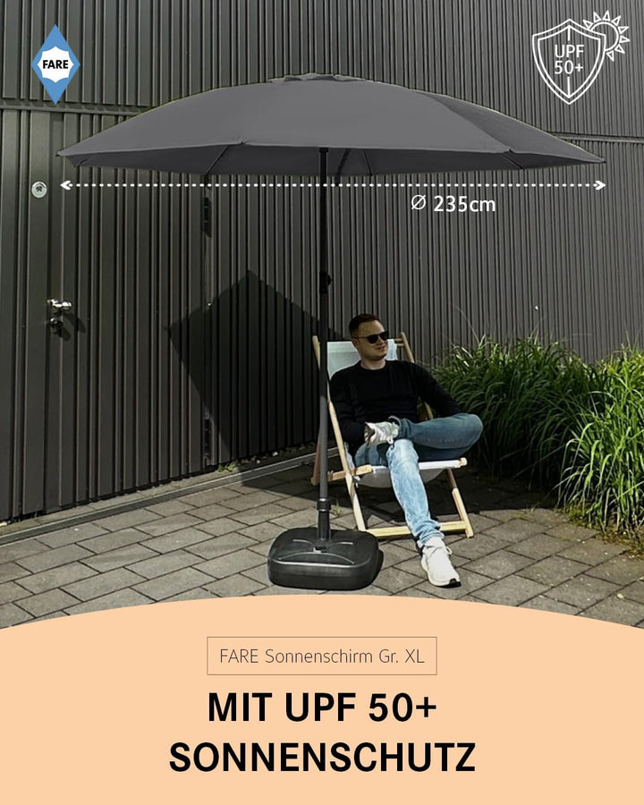 FARE Sonnenschirm Gr. XL - 235 cm Durchmesser - UV-Schutz 50+ für Balkon Garten Terrasse Sommer - Ti