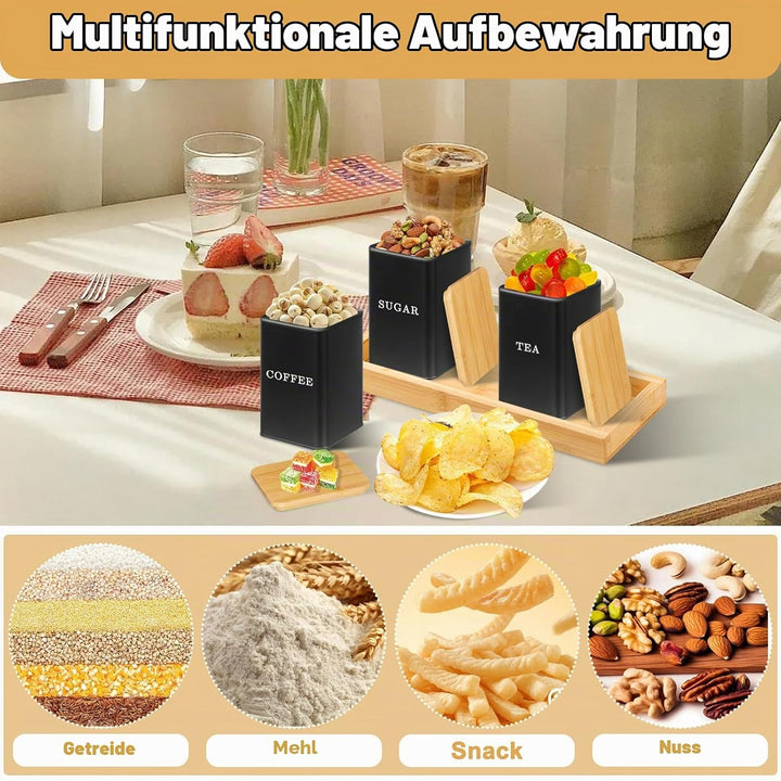 Kaffee Tee Zucker Set, 1000ml 3 Tee Kaffee Zucker Dosen, Dosenbehälter mit versiegeltem Bambusdeckel