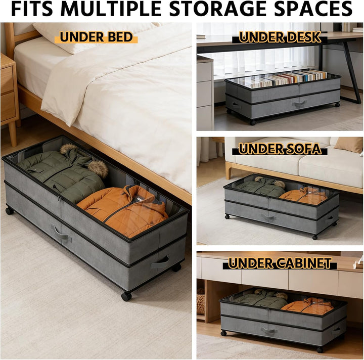 JAOGAUS Unterbett-Aufbewahrungsboxen auf Rollen, 2er-Set 75L Unterbett-Organizer mit Deckel, Höhenve