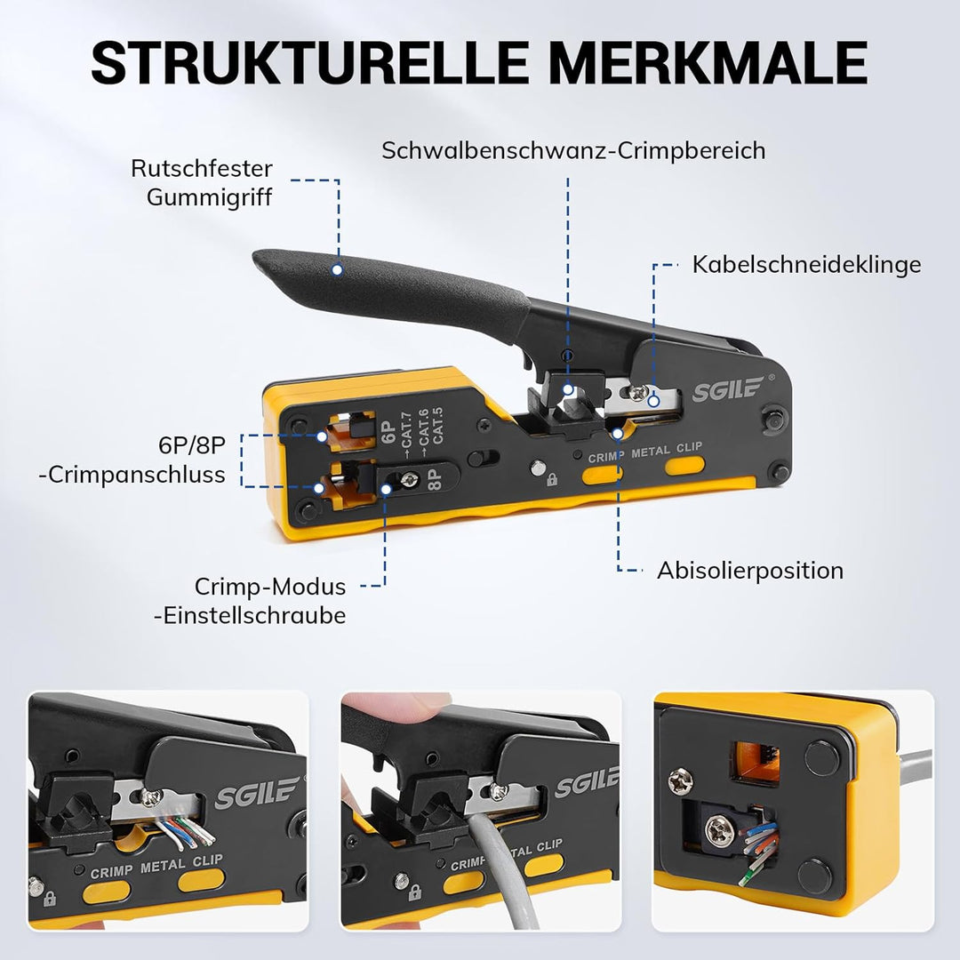 SGILE Crimpwerkzeug-Set RJ45, Werkzeug Paket für Cat5 Cat6 Cat7, Durchgangs-Abisolier und Schneidwer