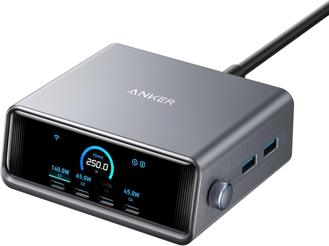 Anker Prime 250W USB-C Ladegerät, Ultra-schnelle 6-Port GaN Ladestation, 2,26" LCD-Display und Smart