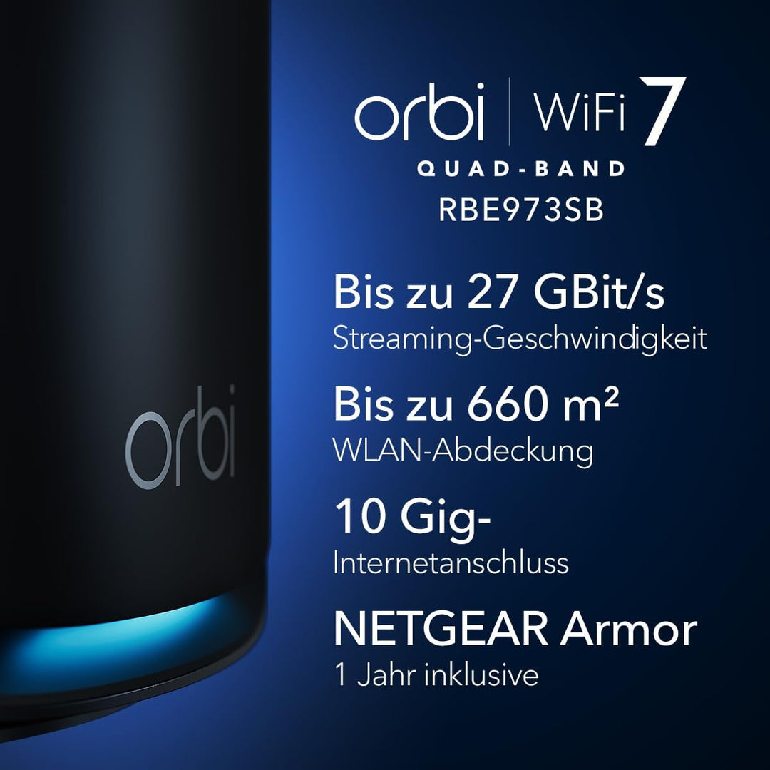 NETGEAR Orbi Next Generation 7 Mesh Quad-Band WLAN-System (RBE973SB)| WLAN-Router 7 + 2 Satelliten |