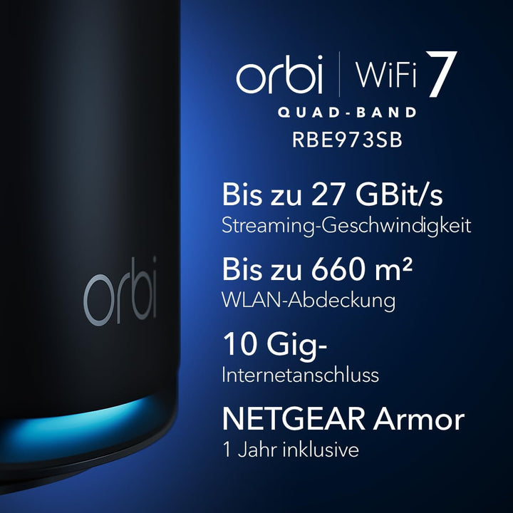 NETGEAR Orbi Next Generation 7 Mesh Quad-Band WLAN-System (RBE973SB)| WLAN-Router 7 + 2 Satelliten |