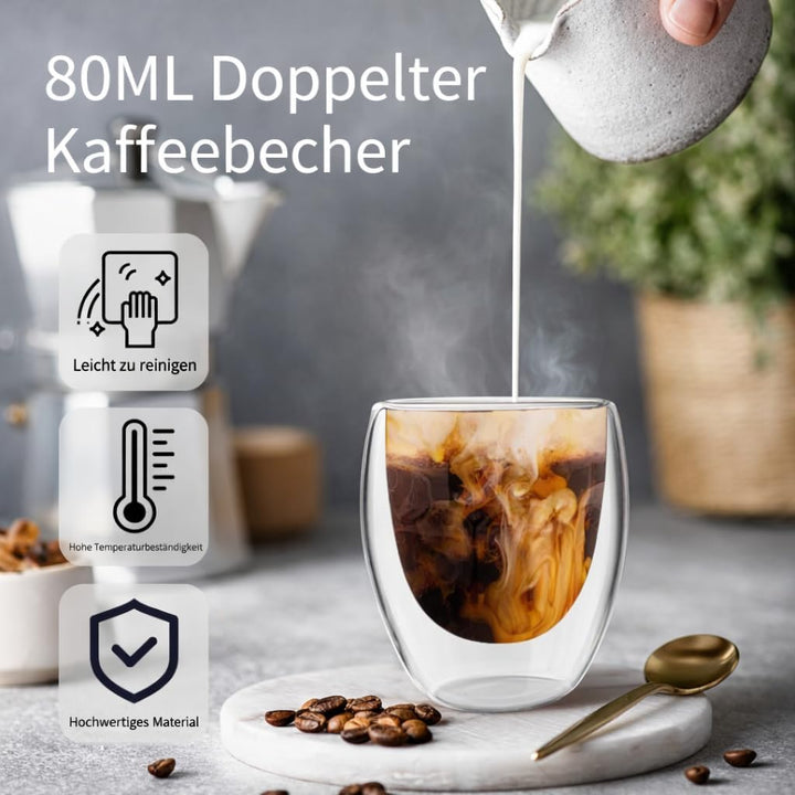 Espressotassen Glas 80 ml 10er Set, Doppelwandige Espressogläser aus Borosilikatglas, Thermo Kaffeeg