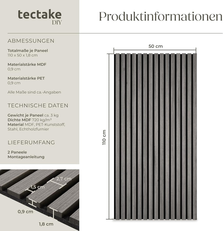 tectake® Akustikpaneele Echtholzfurnier 2er Set, effektiver Schallschutz, MDF Schallabsorber, Schall