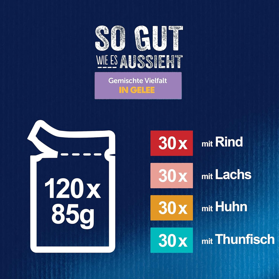 FELIX So gut wie es aussieht Senior Katzenfutter nass in Gelee, Sorten-Mix, 120er Pack (120 x 85g) S